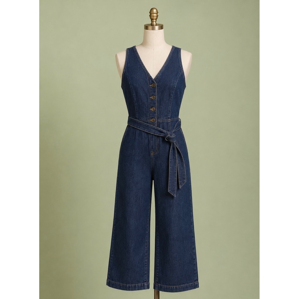 Dark Wash Size S Denim Wide Leg Sleeveless Button Front Belted Jumpsuit